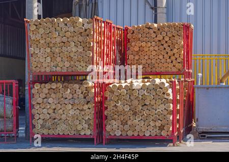 Tronchi di legno corti impilati alla conservazione del telaio del rack Foto Stock