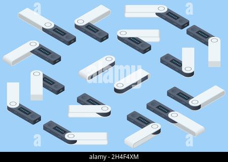 Le unità flash USB isometriche sono wallet hardware. Portafoglio Bitcoin personale per criptovaluta, mantiene le monete offline e protetto. Unità USB a freddo Illustrazione Vettoriale