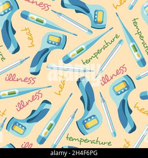 Modello senza cuciture di termometro a infrarossi, elettrico e a mercurio, controllo della temperatura corporea in uno stile piatto isolato su sfondo bianco Illustrazione Vettoriale