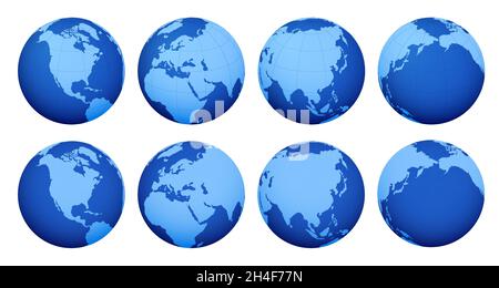 Insieme isometrico del pianeta Terra. Mappa globale emisferi terrestri con continenti. Illustrazione Vettoriale