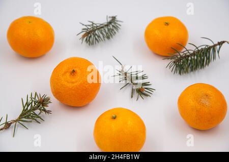 Composizione di Natale. Modello fatto di rami di pino e mandarini su sfondo chiaro. Disposizione piatta, vista dall'alto. Layout per il biglietto di Natale. Foto Stock