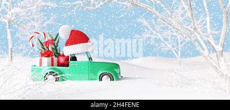 Carino auto verde con Santa cappello che trasporta il regalo e le decorazioni di Natale in Snowy Landscape. Illustrazione 3d del rendering dello sfondo delle Vacanze invernali Foto Stock