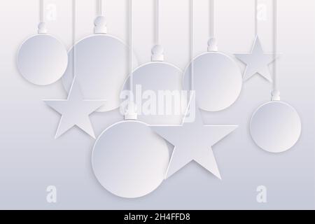 Sfondo con carta bianca palline di Natale e stelle. Modello bianco stile taglio carta. Buon Natale e felice anno nuovo carta banner Illustrazione Vettoriale