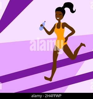 Una donna afroamericana sana e felice sta correndo in un bodysuit con una bottiglia d'acqua in mano su sfondo viola Illustrazione Vettoriale