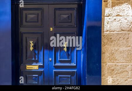 Porta in legno blu con batappi d'epoca dorati come delfino con code a forma di tridente e una fessura decorativa dorata per la posta Foto Stock