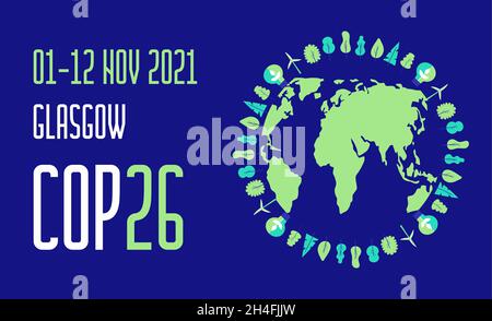 COP 26 Glasgow 2021 illustrazione vettoriale banner. Poster, volantino, Conferenza sul cambiamento climatico, che si tiene da una famosa organizzazione delle Nazioni Unite. E Illustrazione Vettoriale