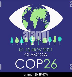 COP 26 Glasgow 2021 illustrazione vettoriale banner. Poster, volantino, Conferenza sul cambiamento climatico, che si tiene da una famosa organizzazione delle Nazioni Unite. E Illustrazione Vettoriale