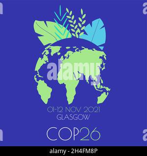 COP 26 Glasgow 2021 illustrazione vettoriale banner. Poster, volantino, Conferenza sul cambiamento climatico, che si tiene da una famosa organizzazione delle Nazioni Unite. E Illustrazione Vettoriale