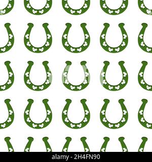 Illustrazione sul tema festa irlandese San Patrizio giorno, ferro di cavallo senza cuciture. Pattern giorno di San Patrizio composto da ferro di cavallo identici su sfondo bianco Illustrazione Vettoriale