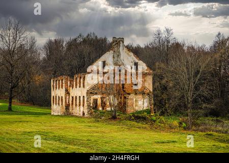 le rovine della vecchia casa padronale costruita in mattoni rossi. Repubblica di Paulava, Lituania Foto Stock
