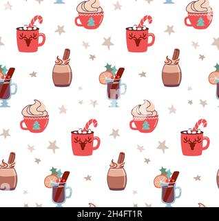 Modello senza cuciture con bevande di Natale. Confezione Vector Holiday con cacao e marshmallows, VIN brulé e cioccolata calda. In stile piatto. Illustrazione Vettoriale