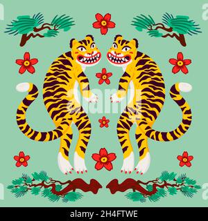 Composizione simmetrica della tigre asiatica, tigri vettoriali, rami di pino giapponese e fiori in stile cartone animato asiatico. Vettore di stile piatto organico Illustrazione Vettoriale