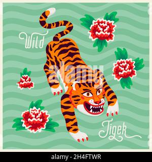 Illustrazione vettoriale della tigre, tigre cartoon sneaking su sfondo ondulato verde con fiori in stile asiatico. Illustrazione vettoriale di tipo piatto organico. Illustrazione Vettoriale