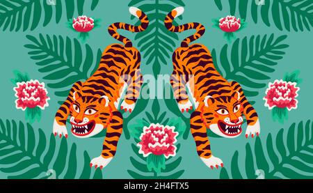 Composizione simmetrica della tigre asiatica, tigri vettoriali, foglie di palma e fiori in stile cartone animato asiatico. Illustrazione vettoriale di tipo piatto organico. Illustrazione Vettoriale