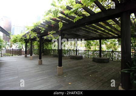 Ann Siang Hill Park nel quartiere cinese di Singapore. Un parco pubblico con alberi e panchine e vedute dei grattacieli del quartiere finanziario di Singapore. Foto Stock