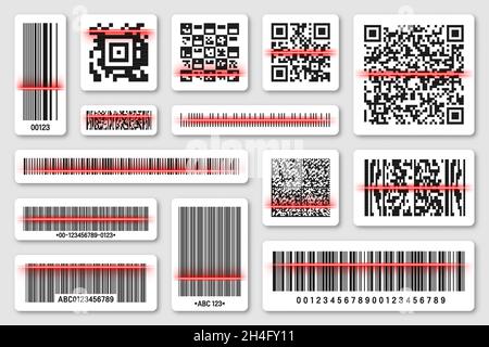 Codici a barre del prodotto e codici QR con linea di scansione rossa. Codice di identificazione. Numero di serie, ID prodotto con informazioni digitali. Negozio Illustrazione Vettoriale