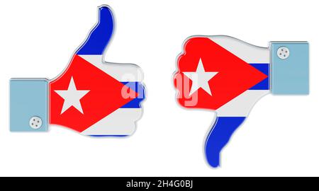 Bandiera cubana dipinta sulla mano con il pollice su e giù. Come e non piace a Cuba, concetto. Rendering 3D isolato su sfondo bianco Foto Stock