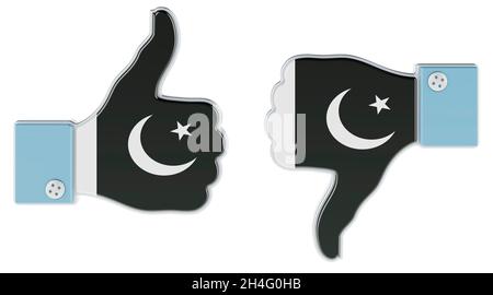 Bandiera pakistana dipinta sulla mano con il pollice su e giù. Come e non piace in Pakistan, concetto. Rendering 3D isolato su sfondo bianco Foto Stock