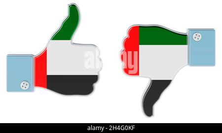 La bandiera degli Emirati Arabi Uniti dipinse sulla mano con il pollice su e giù. Come e non piace negli Emirati Arabi Uniti, concetto. Rendering 3D isolato su bianco b Foto Stock