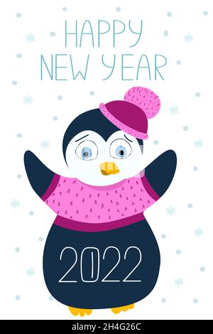 Felice anno nuovo 2022. Carino personaggio pinguino disegnato che indossa un cappello. Biglietto di auguri di natale Illustrazione Vettoriale