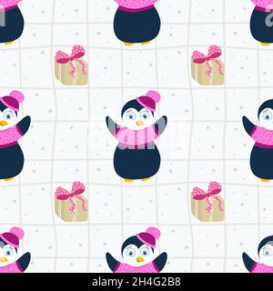 Nuovo modello vettoriale senza cuciture con pinguino carino e scatole con regali. Modello di Natale Illustrazione Vettoriale