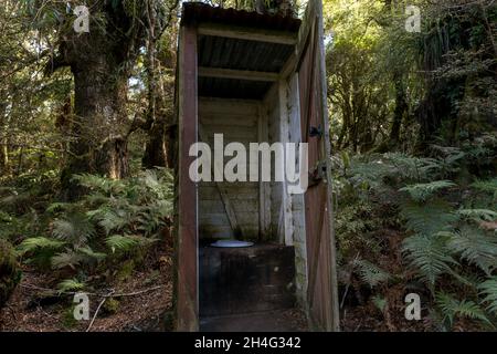 servizi igienici in legno nella foresta, Nuova Zelanda Foto Stock