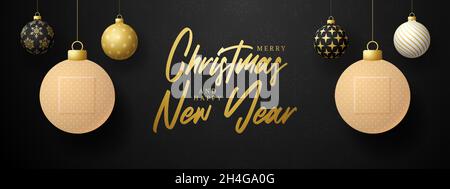 Buon Natale e felice anno nuovo coronavirus palla banner. Concetto creativo Natale eventi e vacanze durante una pandemia con croce medica plas Illustrazione Vettoriale