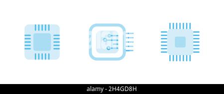 Set di microchip decorativi, chip per computer, elemento microcirculo. Icone piatte vettoriali. Illustrazione Vettoriale