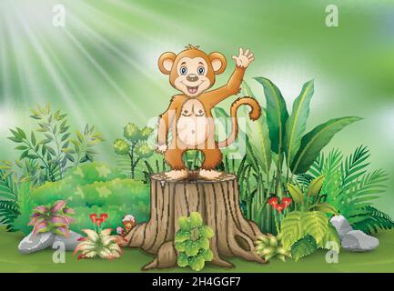 Cartoon una scimmia su ceppo di albero con piante verdi Illustrazione Vettoriale