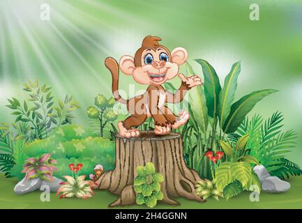 Cartoon una scimmia su ceppo di albero con piante verdi Illustrazione Vettoriale