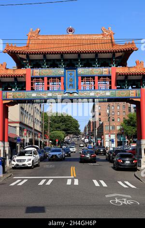 Storico Chinatown Gate nel quartiere internazionale di Chinatown.Seattle.Washington.USA Foto Stock