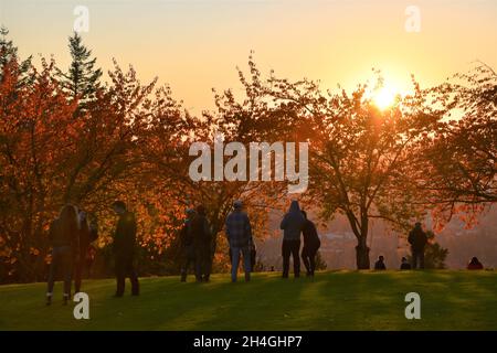 Tramonto al Council Crest Park di Portland, Oregon, Stati Uniti. Si ritiene che il sito sia il più alto della città, a 1.073 metri sul livello del mare. Foto Stock
