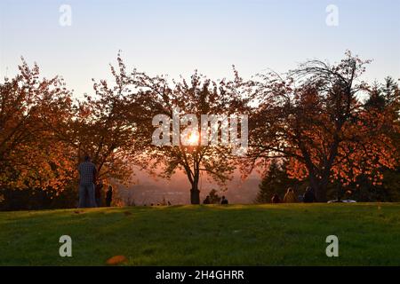 Tramonto al Council Crest Park di Portland, Oregon, Stati Uniti. Si ritiene che il sito sia il più alto della città, a 1.073 metri sul livello del mare. Foto Stock