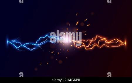 Fulmine thunderbolt realistiche contro i cortocircuiti. L'esposizione al plasma dopo due scariche elettriche si scontra. Scintille vettoriali volanti e partic fiammeggiante Illustrazione Vettoriale