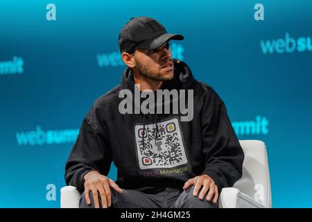 Lisbona, Portogallo. 2 novembre 2021. Martin Braithwaite, calciatore del FC Barcelona, si rivolge al pubblico durante la seconda giornata del Web Summit 2021 di Lisbona. (Foto di Bruno de Carvalho/SOPA Images/Sipa USA) Credit: Sipa USA/Alamy Live News Foto Stock