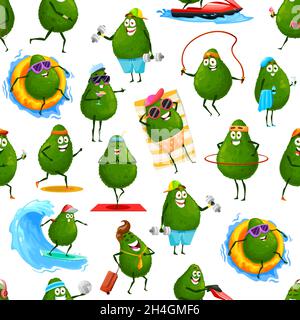 Caratteri cartoon avocado modello senza giunture, sfondo vettoriale. Bambini modello con frutta avocado in estate vacanze e sport, viaggio in spiaggia, mare Illustrazione Vettoriale