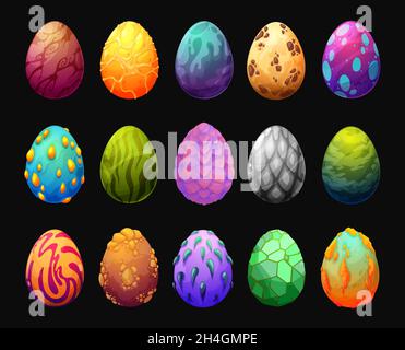 Cartoon drago uova gioco asset. Creatura magica o mitologica, fantastico dinosauro o rettile uova di colore, elemento di interfaccia utente di gioco con spine, spi Illustrazione Vettoriale