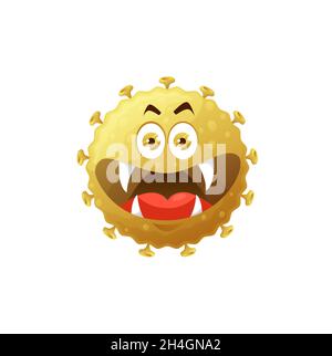 Icona vettore cellulare covid virus cartoon, batteri divertenti o carattere germe con bocca sorridente enorme e fangs affilati. Mostro di microbo patogeno con occhi grandi Illustrazione Vettoriale