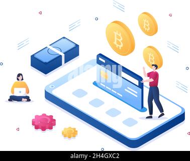 Applicazione Cryptocurrency Wallet su Mobile di tecnologia Blockchain, Bitcoin, mercato monetario, Altcoins o Finanza Exchange con carta di credito in Flat Vector Illustrazione Vettoriale