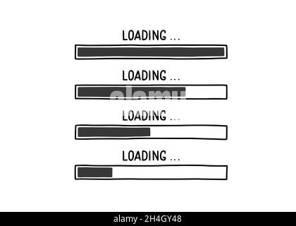 Set di elementi per barrette di carico. Stile di schizzo della linea disegnata a mano. Velocità di download ridotta, stato di avanzamento, concetto di barra di caricamento Internet. Illustrazione vettoriale isolata. Illustrazione Vettoriale