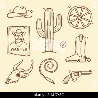 Cowboy occidentale Doodle set. Stile della linea di schizzo disegnato a mano. Cappello cowboy, cranio vacca, pistola, elemento cactus. Illustrazione del vettore Wild West. Illustrazione Vettoriale