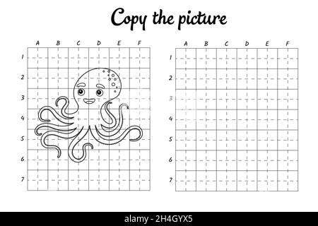 Consente di copiare la foto. Disegna per griglia. Colorare pagine di libri per bambini. Pratica di scrittura, addestramento di abilità di disegno. Foglio di lavoro stampabile per lo sviluppo dell'istruzione. Illustrazione Vettoriale