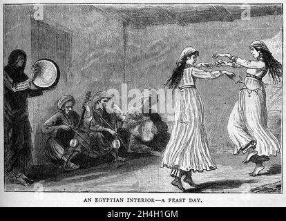 Incisione degli Egiziani che godono di una festa nella loro casa, da una pubblicazione circa 1890 Foto Stock