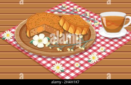 Torta di mooncake al tuorlo d'uovo salato con teacup su tavola di legno Illustrazione Vettoriale