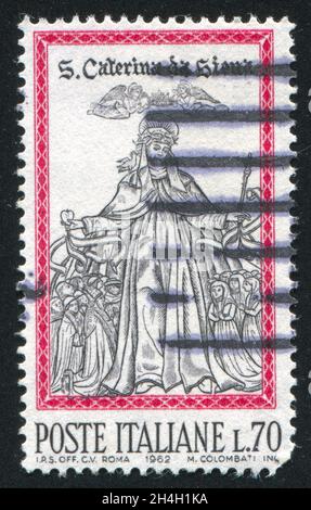 ITALIA - CIRCA 1962: Francobollo stampato dall'Italia, mostra canonizzazione di Santa Caterina da Siena, circa 1962 Foto Stock