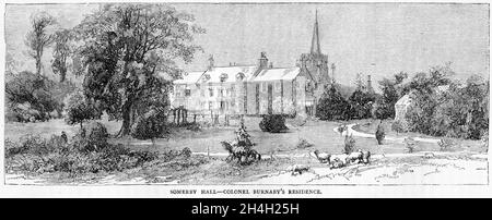 Incisione della casa in Somerby, Inghilterra, del colonnello Frederick Gustavus Burnaby (1842 – 1885) un ufficiale di intelligence dell'esercito britannico. Lo spirito avventuroso di Burnaby, le conquiste pionieristiche e il coraggio speronante si guadagnavano un affetto nella mente degli idealisti imperiali vittoriani. Foto Stock