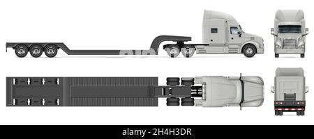 Lowboy trailer Truck Vector Mockup su bianco per il branding dei veicoli, l'identità aziendale. Tutti gli elementi dei gruppi su livelli separati per una facile modifica. Illustrazione Vettoriale