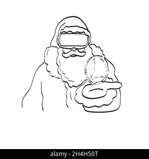 line art babbo natale utilizzando occhiali vr con moneta visiva a mano vettore di illustrazione isolato su sfondo bianco Illustrazione Vettoriale