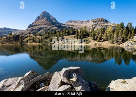 Lago Colbricon, Laghi di Colbricon, Parco Naturale Paneveggio pale di San Martino, Passo di Rollepass, Trentino Foto Stock