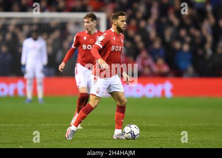 NOTTINGHAM, REGNO UNITO. 2 NOVEMBRE Philip Zinkernagel di Nottingham Forest durante la partita Sky Bet Championship tra Nottingham Forest e Sheffield United al City Ground di Nottingham martedì 2 novembre 2021. (Credit: Jon Hobley | MI News) Foto Stock